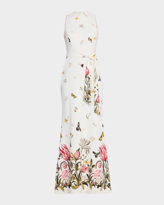 Floral & Butterfly-Print Crepe Gown